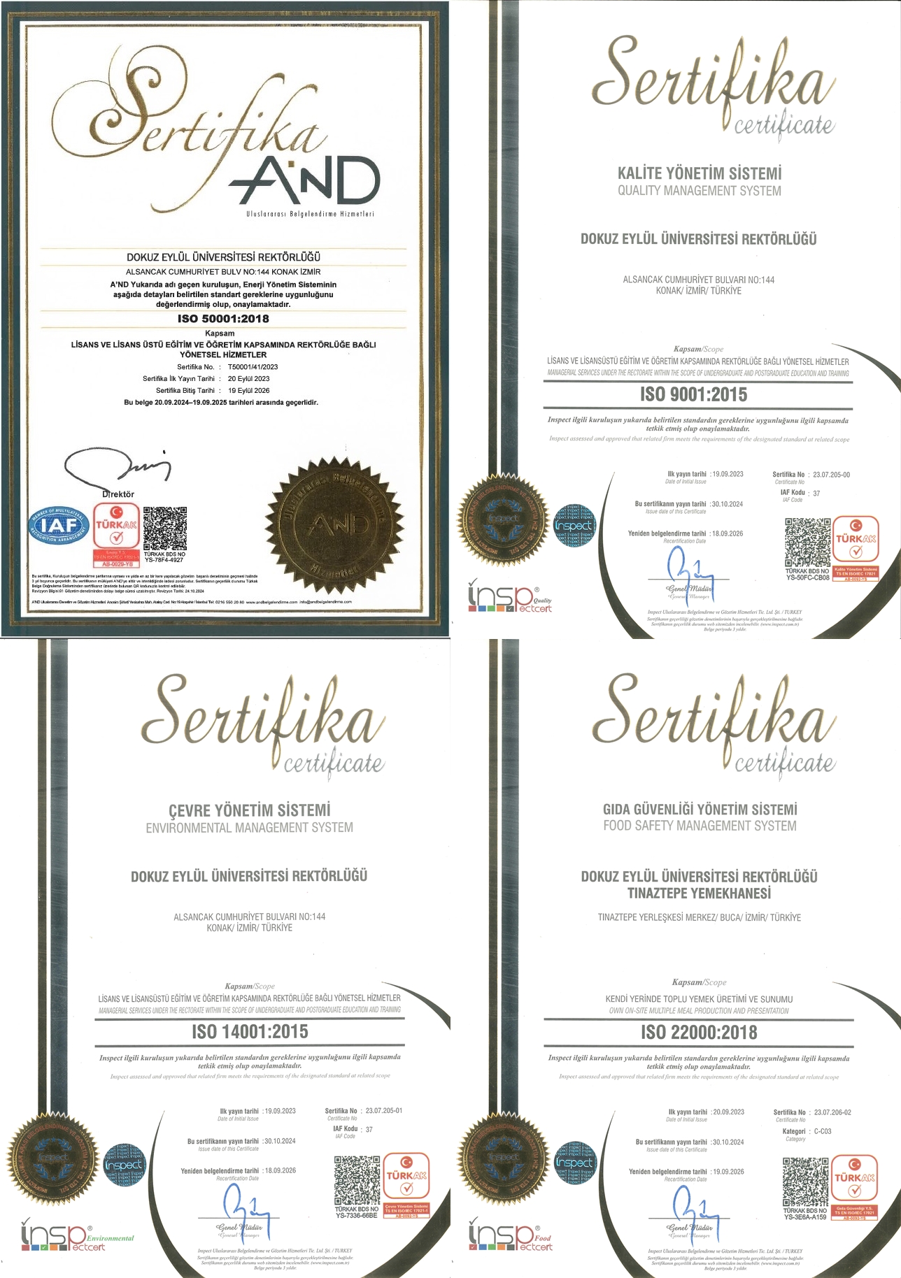 Üniversitemiz Rektörlük bünyesinde Kalite Güvence Sisteminin geliştirilmesi ve iyileştirilmesi yönünde 2021 yılında ISO 9001:2015, ISO 14001:2015, ISO 50001:2018 ve ISO 22000:2018 Sertifikalarını almıştı. Bu kapsamda söz konusu sertifikalar, 02 Eylül 2024 tarihinde gerçekleştirilen Entegre Yönetim Sistemi (EYS) Dış Denetim süreci sonunda TÜRKAK tarafından onaylanarak yenilenmiştir.